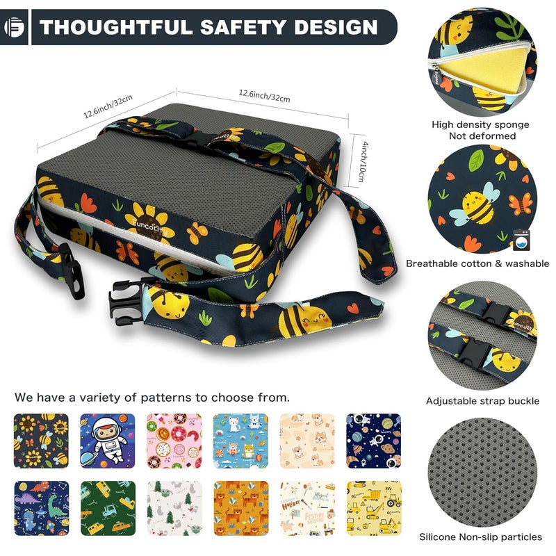 Funcority Toddler Booster Seat for Dining Table, Portable Booster Seat for Kitchen Chair, 4 Inch High-Density Foam Cushion with Adjustable Safety Straps and Non-Slip Bottom, Perfect for Kids Travel and Daily - Image 3